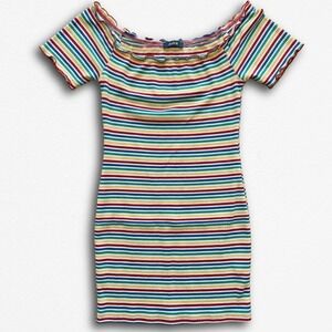 Toska Rainbow Striped Off The Shoulder Ribbed Mini Dress Lettuce Trim Large (?)
